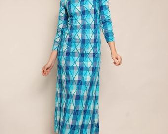 60s Lila Bath Blue Cotton Yarn Dress Size XS S