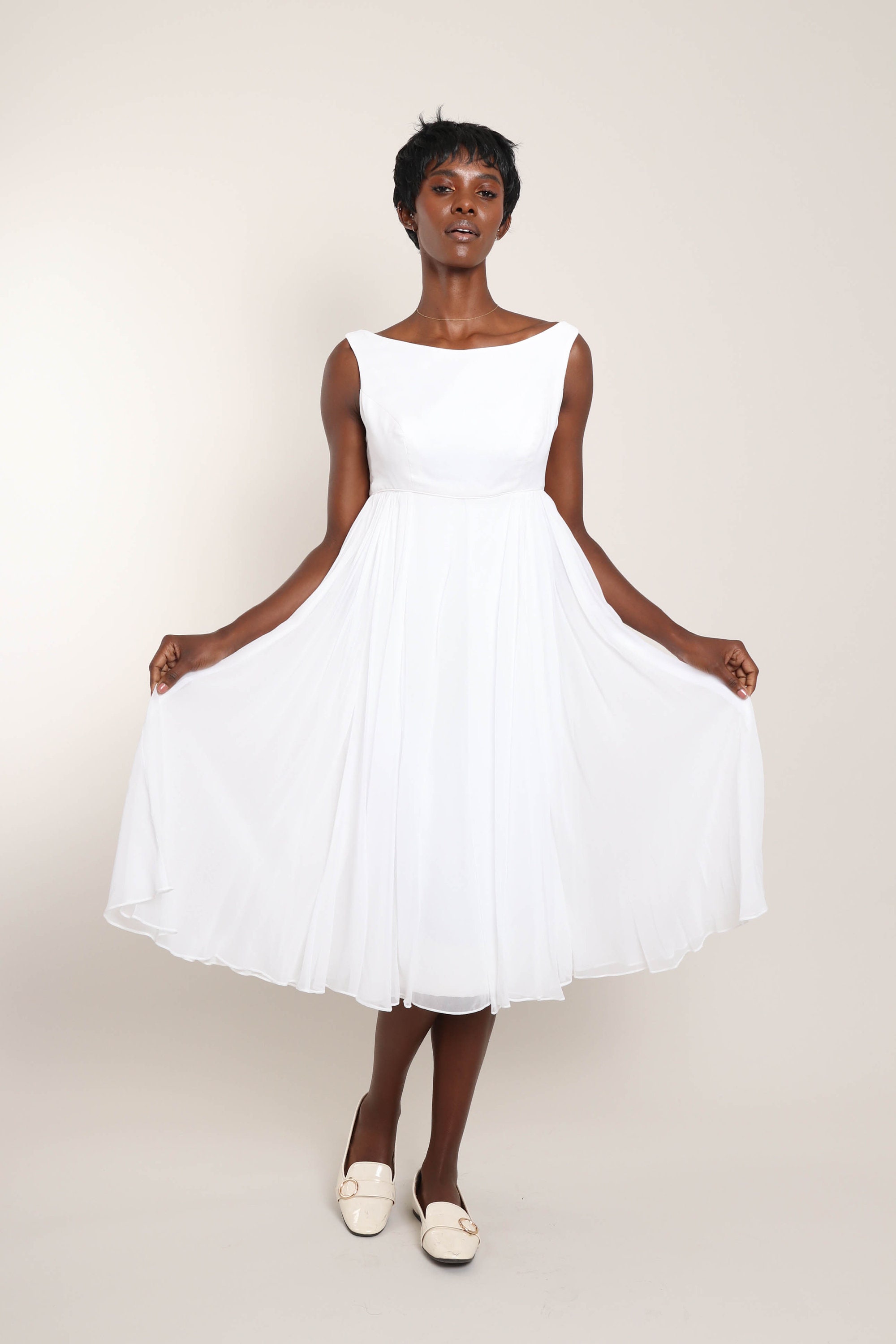 60s CHIFFON EMPIRE Dress XS / Cahill Ltd Beverly Hills White 