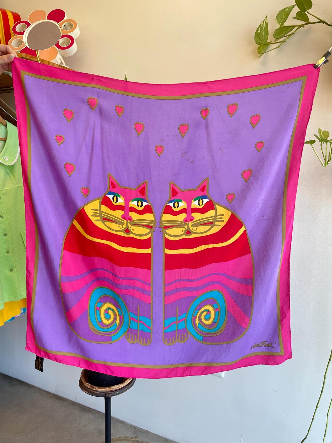90s CAT PRINT Silk Scarf / Laurel Burch Purple Cat Print Scarf Laurel ...