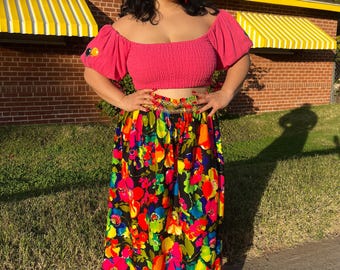70s Colorful Floral Midi Skirt, Size L XL