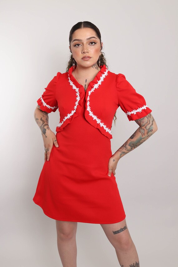 70s RED BABYDOLL dress S M / puff sleeve mod mini… - image 7
