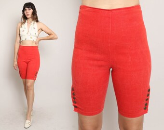 80s RED BERMUDA shorts XS 26 27 waist / Dani-An red rayon jean shorts long jean shorts accent button shorts extra small 1980s