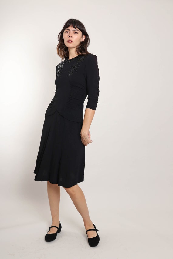40s CREPE RAYON dress XS / black sequined dress b… - image 3