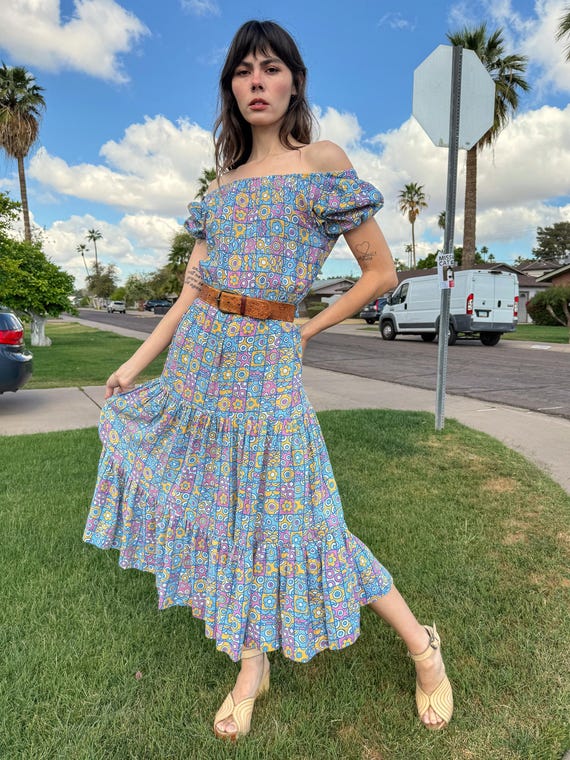 70s Floral Peasant Dress: Blue Patchwork Maxi Dre… - image 1