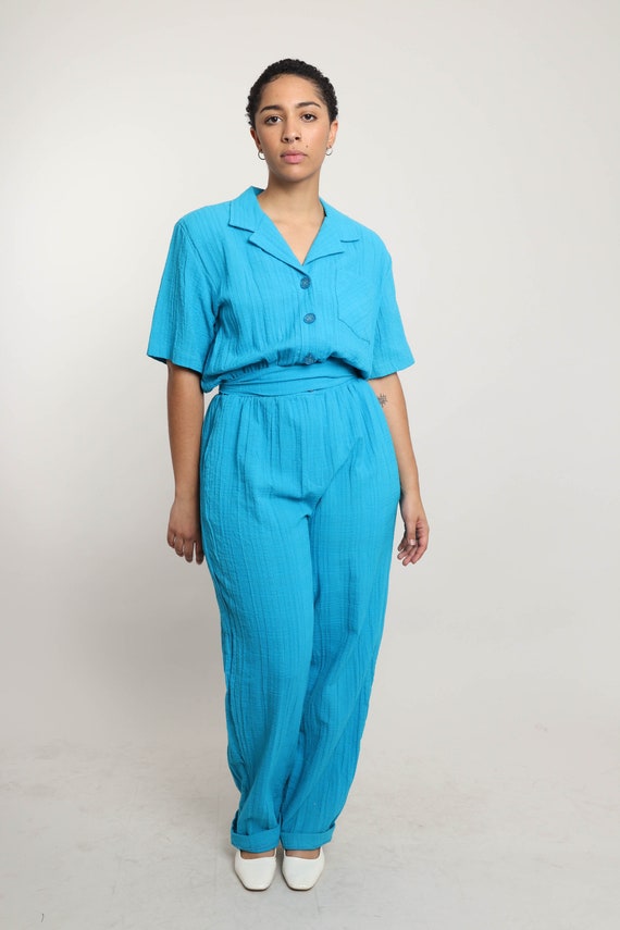 80s BLUE GAUZE jumpsuit M L / saint germain blue … - image 3