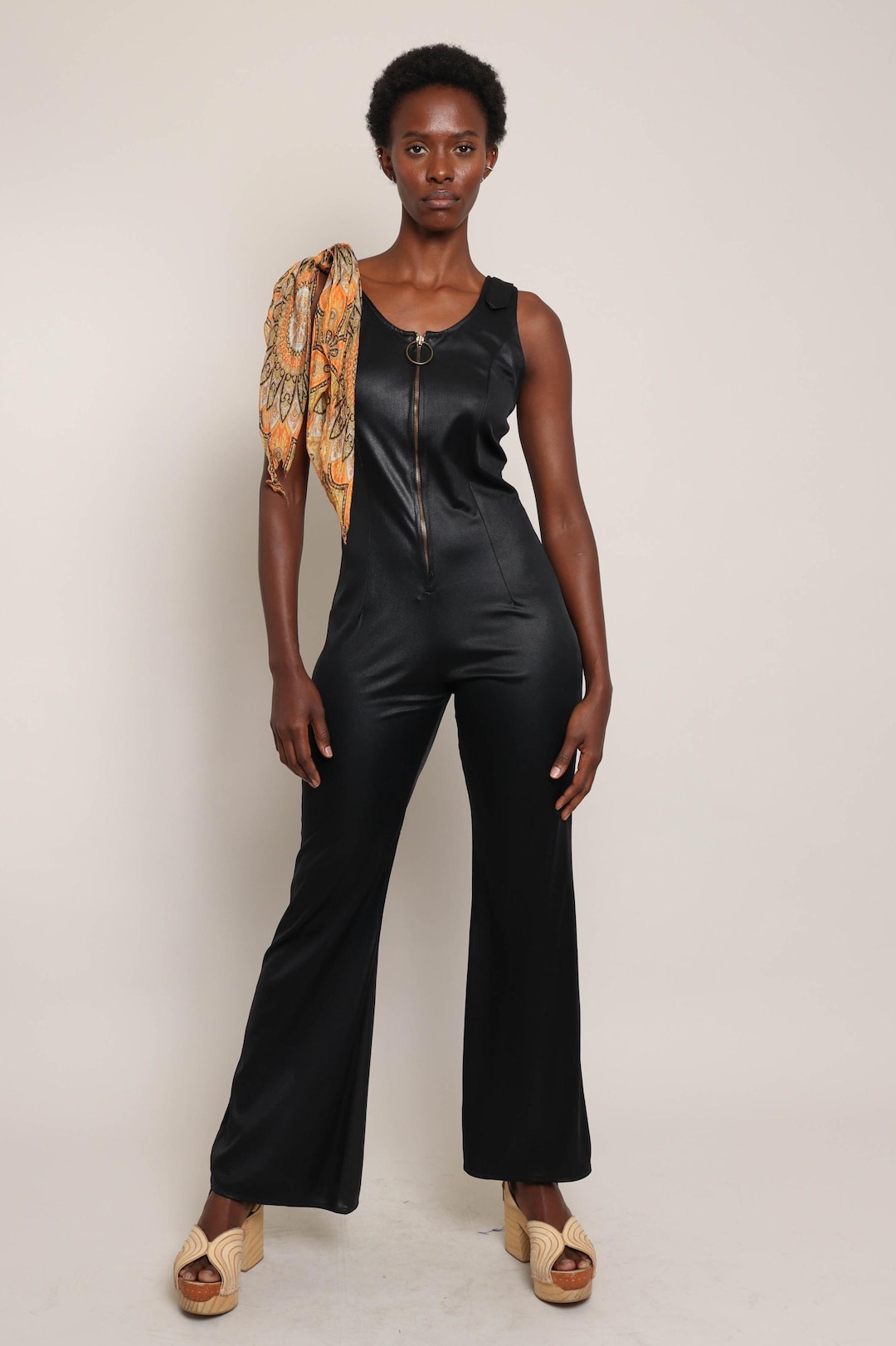 60's Front Slit Bell Bottom Black Crepe Jumpsuit main image 0