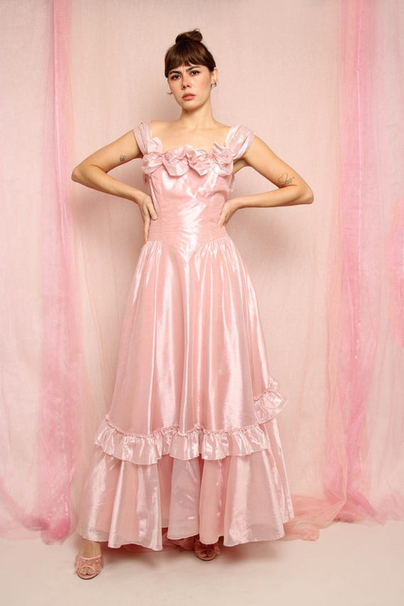 80s Pink Organza Chiffon Party Dress, Size S M - image 4