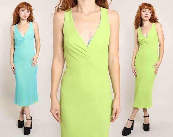 00s REVERSIBLE bias cut dress S / Manu green rayo… - image 1