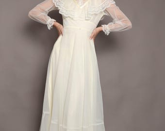 70s VICTORIAN chiffon dress S / 1970s cream victorian maxi dress flutter collar dress hippie wedding dress boho wedding dress small