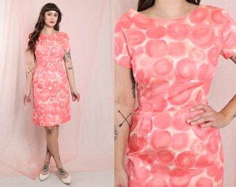 60s WATERCOLOR ROSE dress S / abstract print pink wiggle dress pink rose dress pink floral wiggle dress small 1960s 50s 1950s