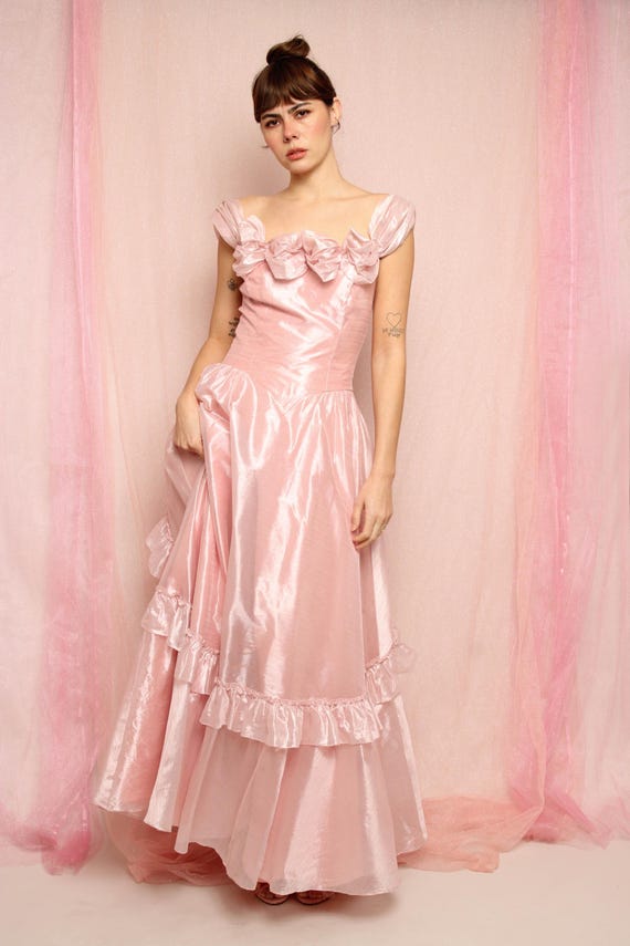 80s Pink Organza Chiffon Party Dress, Size S M - image 1