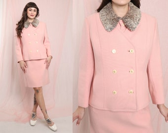 50s PERSIAN LAMB COLLAR pink suit M / thick pink wool jacket and skirt matching set with persian lamb color medium 1950s