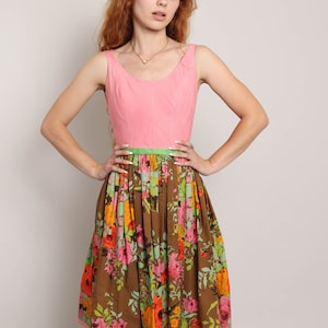60s FLORAL COTTON dress XS / Arthur Cole Ole Borden dress pink cotton sun dress detailed floral print dress tank dress extra small 1960s