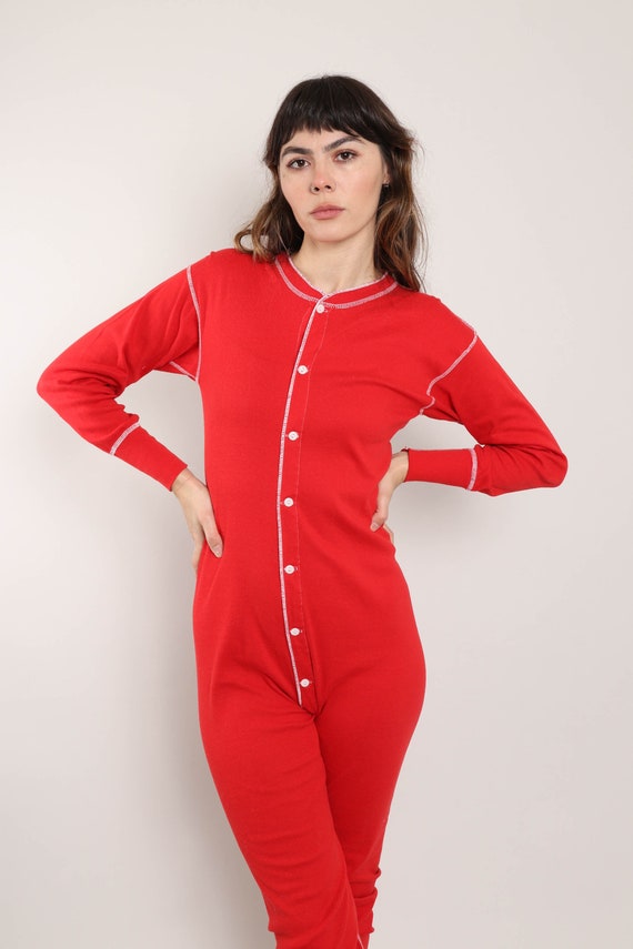 70s RIBBED KNIT long johns pajamas S / red knit p… - image 4