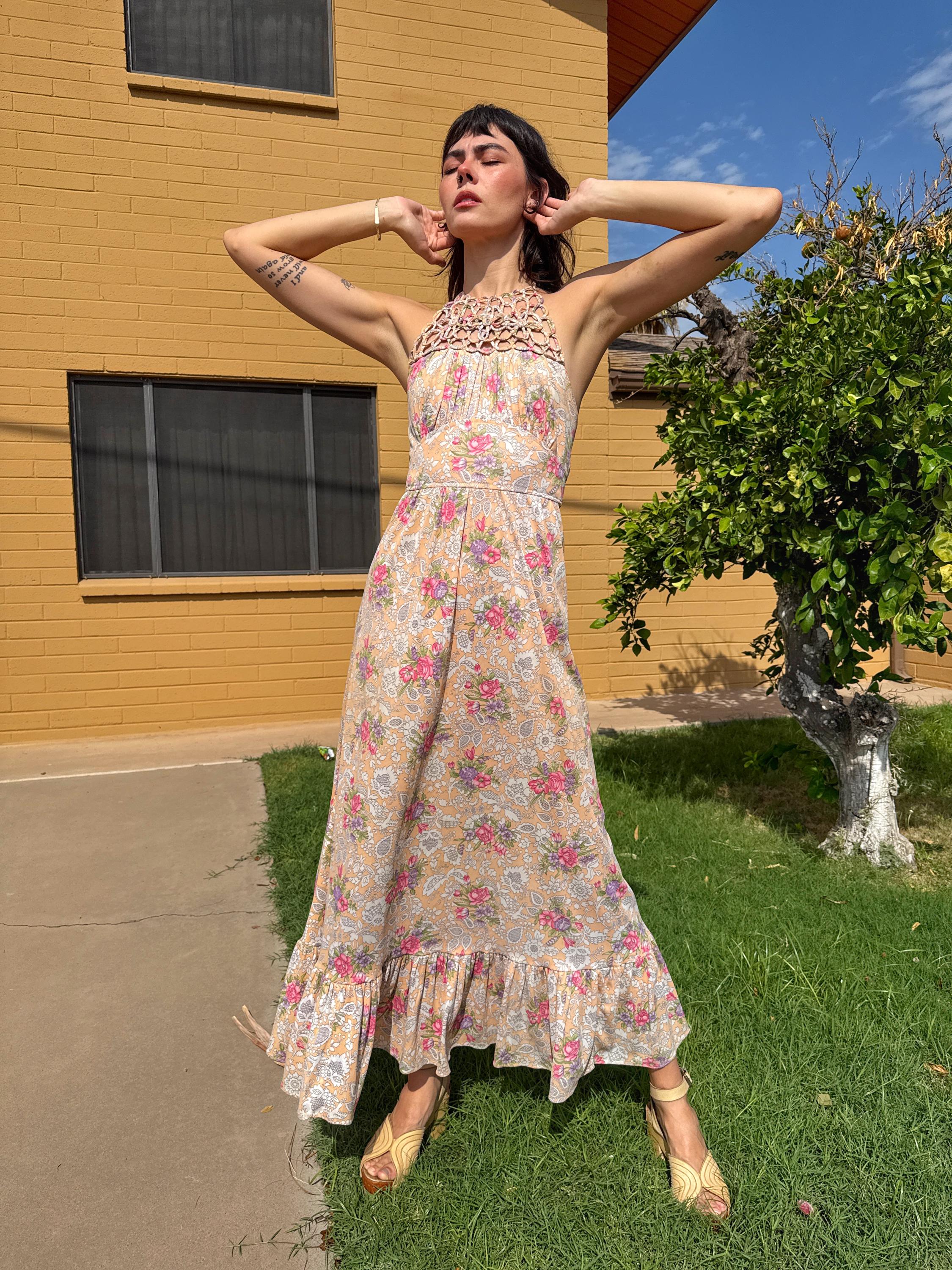 70s Floral Print Maxi Dress: Vintage Macrame Halter Sundress, XS/S