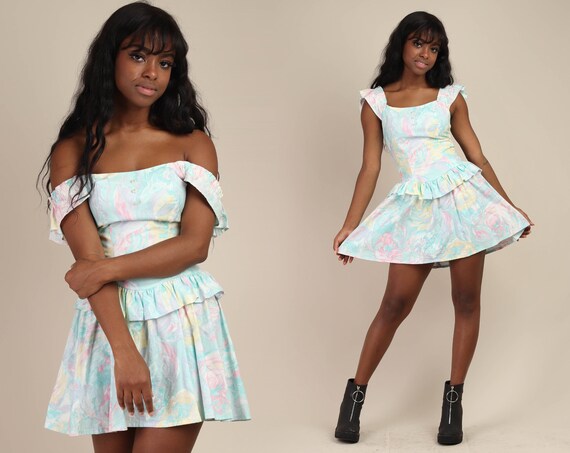 90s PASTEL FLORAL dress XS / cotton off the should