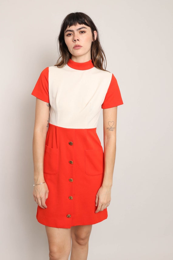 60s SPACE AGE dress S / red mod dress red steward… - image 5