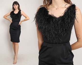 70s LILLI DIAMOND marabou feather dress XS S / Lilli Diamond feather dress black cocktail party dress feather collar dress small extra small