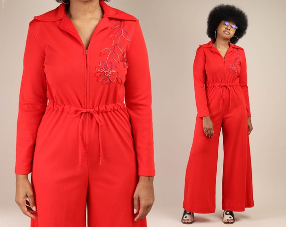 70s GROOVY RED jumpsuit M L / floral embroidered p