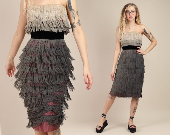 50s GRADIENT FRINGE dress XS / charcoal gray ombre