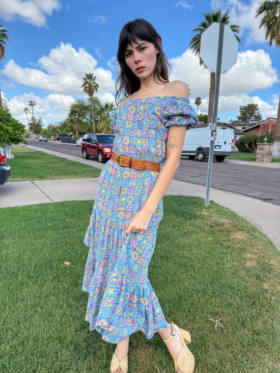 70s Floral Peasant Dress: Blue Patchwork Maxi Dre… - image 3