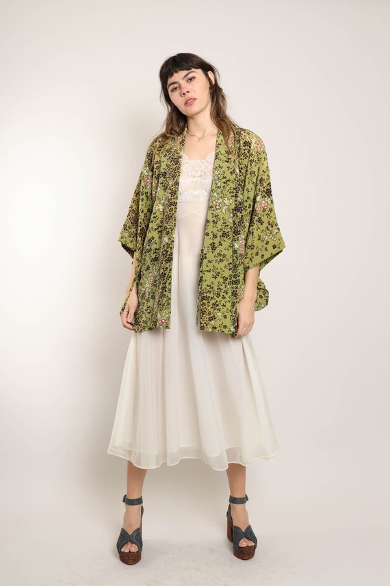 60s FLORAL SURPRISE haori jacket XS S M / green f… - image 2