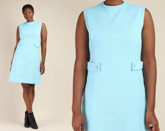 60s TEXTURED + MOD dress XL / aqua blue mod midi d