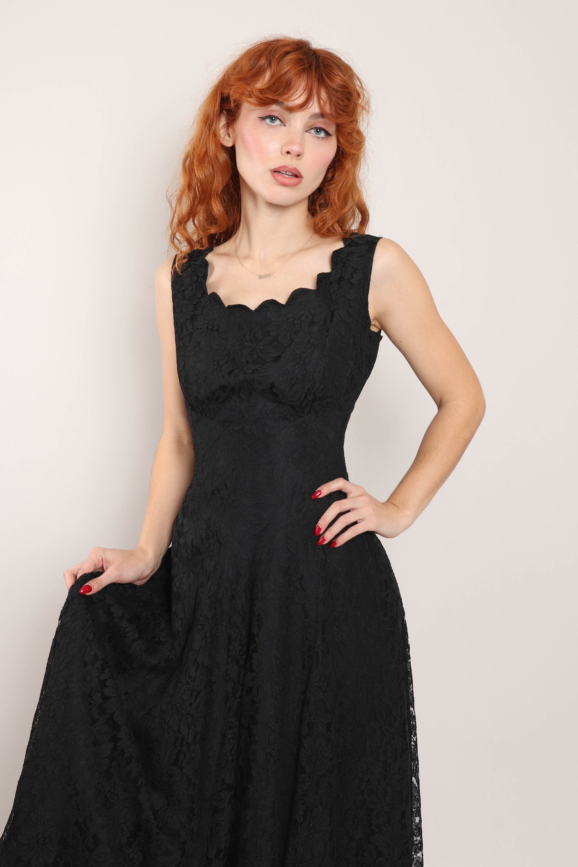 50s SCALLOPED NECKLINE dress XS S Black lace tea length dress scalloped neck Black lact party dress small extra small 1950s 60s 1960s