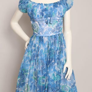 60s Blue Floral Chiffon Party Dress: Fit & Flare, Size XS/S