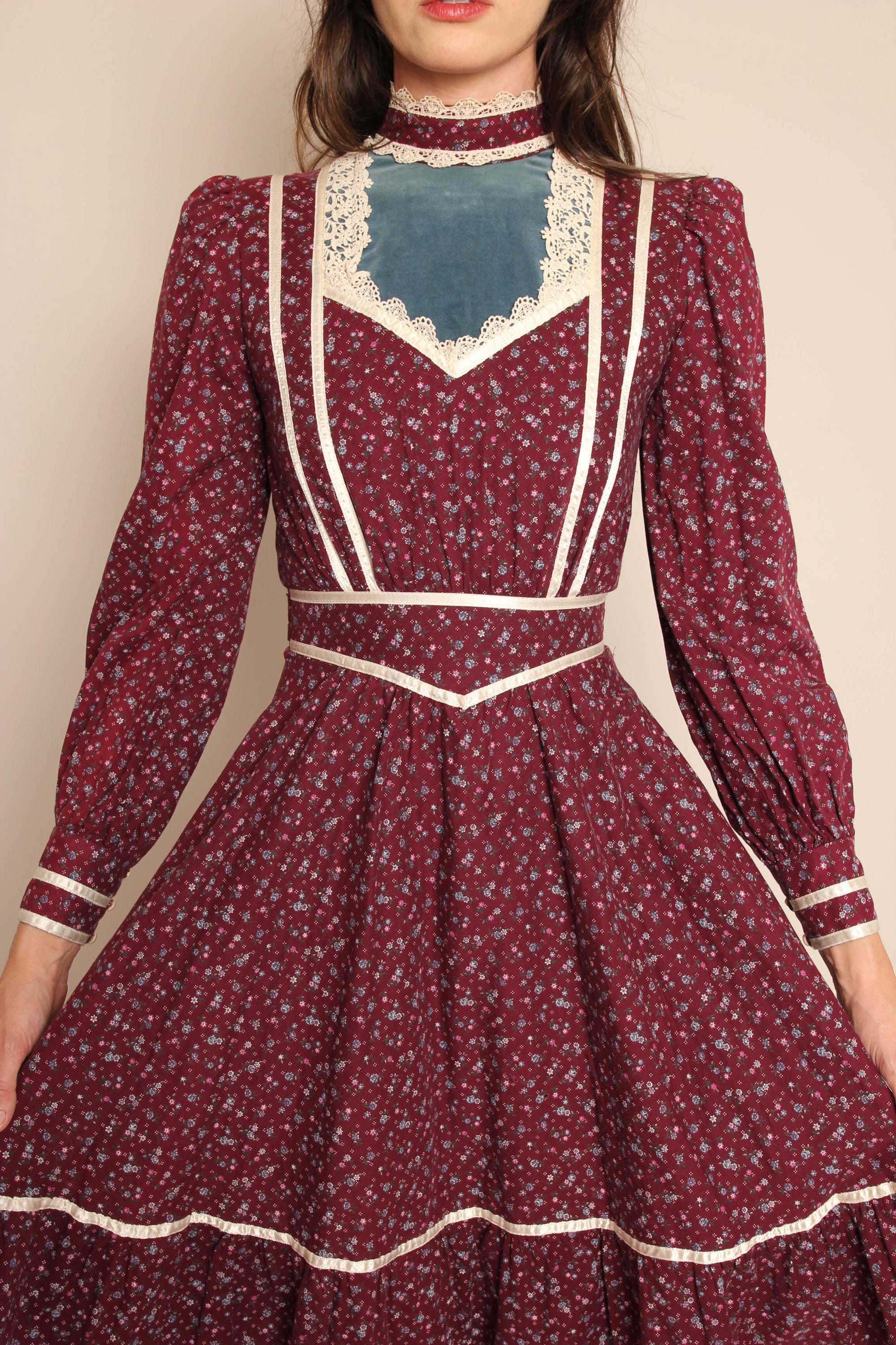 70s Gunne Sax Maroon Midi Dress: Calico Victorian Gown, Size XS 5
