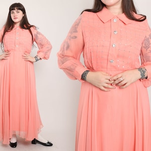 70s RHINESTONE CHIFFON dress L / peach chiffon maxi dress sheer sleeve maxi dress chiffon cocktail dress rhinestone accents large 1970s 60s