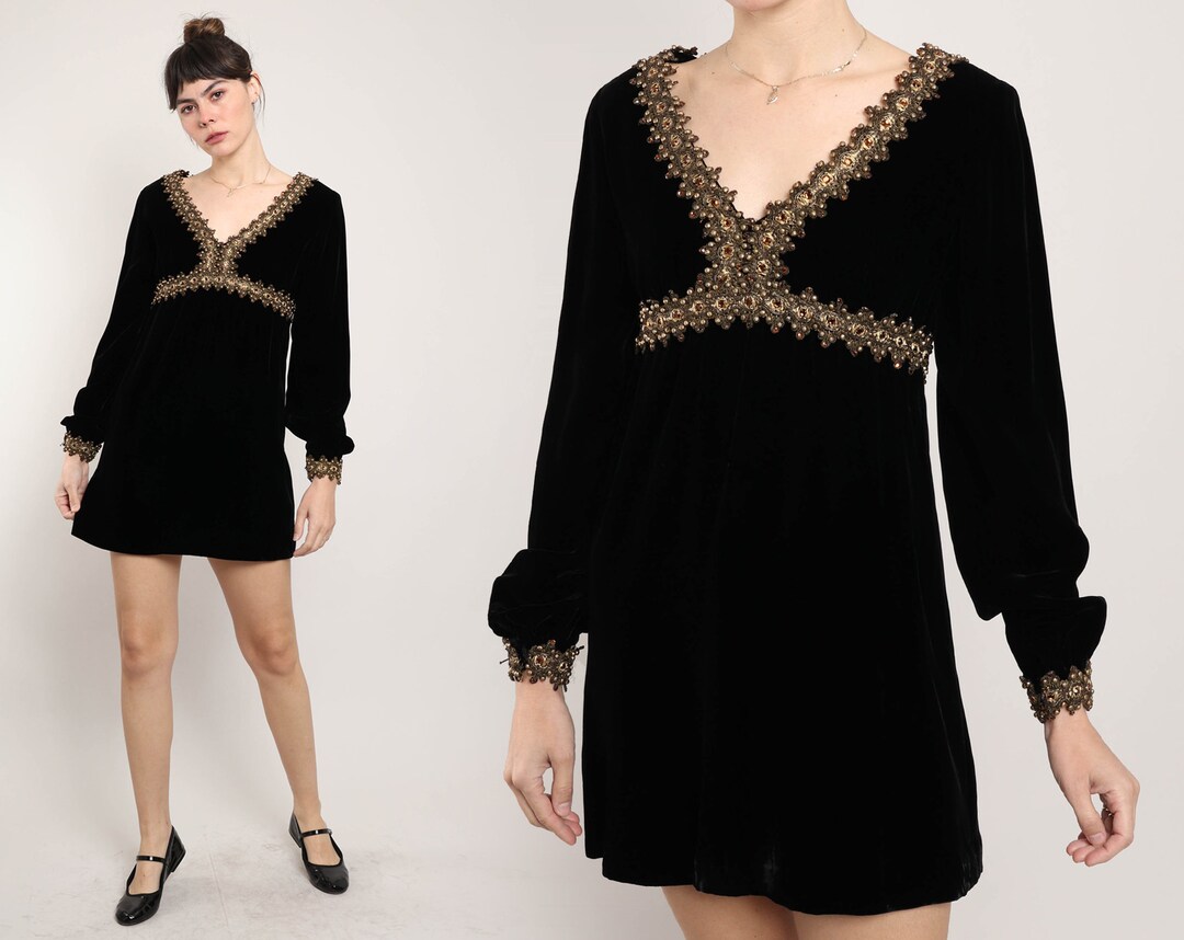 60s VELVET BABYDOLL Dress S M / Black Velvet Mini Dress Empire Waist