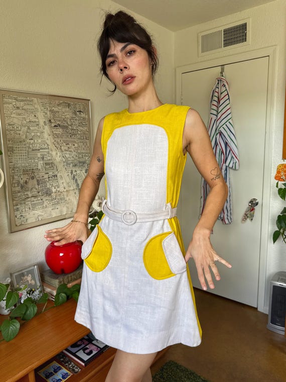 60s YELLOW SPACE AGE Dress S M / 1960s Jane Justin for Don