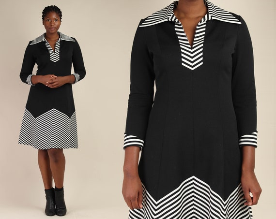 60s STRIPED + MOD dress L XL / dagger collar dress