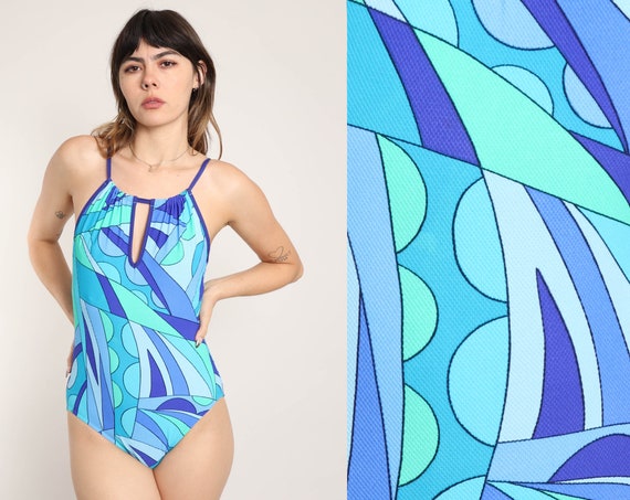 80s PSYCHEDELIC PRINT swimsuit S M Mainstream blue abstract one piece swimsuit teal abstract swim suit small medium 1980s