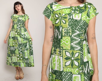 70s TIKI HAWAIIAN dress S / Waltah Clark’s grünes Hawaiiankleid Mid Century Printkleid Hawaiikleid Maxikleid klein 1970er 60er Jahre