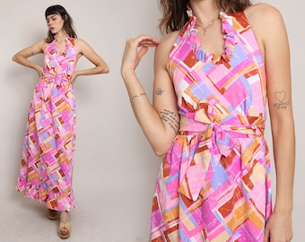 70s BARBIE PINK halter dress XS S / pink abstract print maxi dress ruffle trim pink wrap dress wrap maxi dress small extra small 1970s
