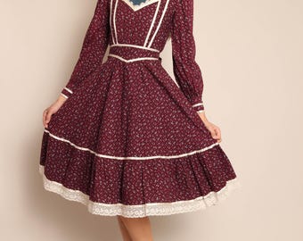 70s Gunne Sax Maroon Midi Dress: Calico Victorian Gown, Size XS 5