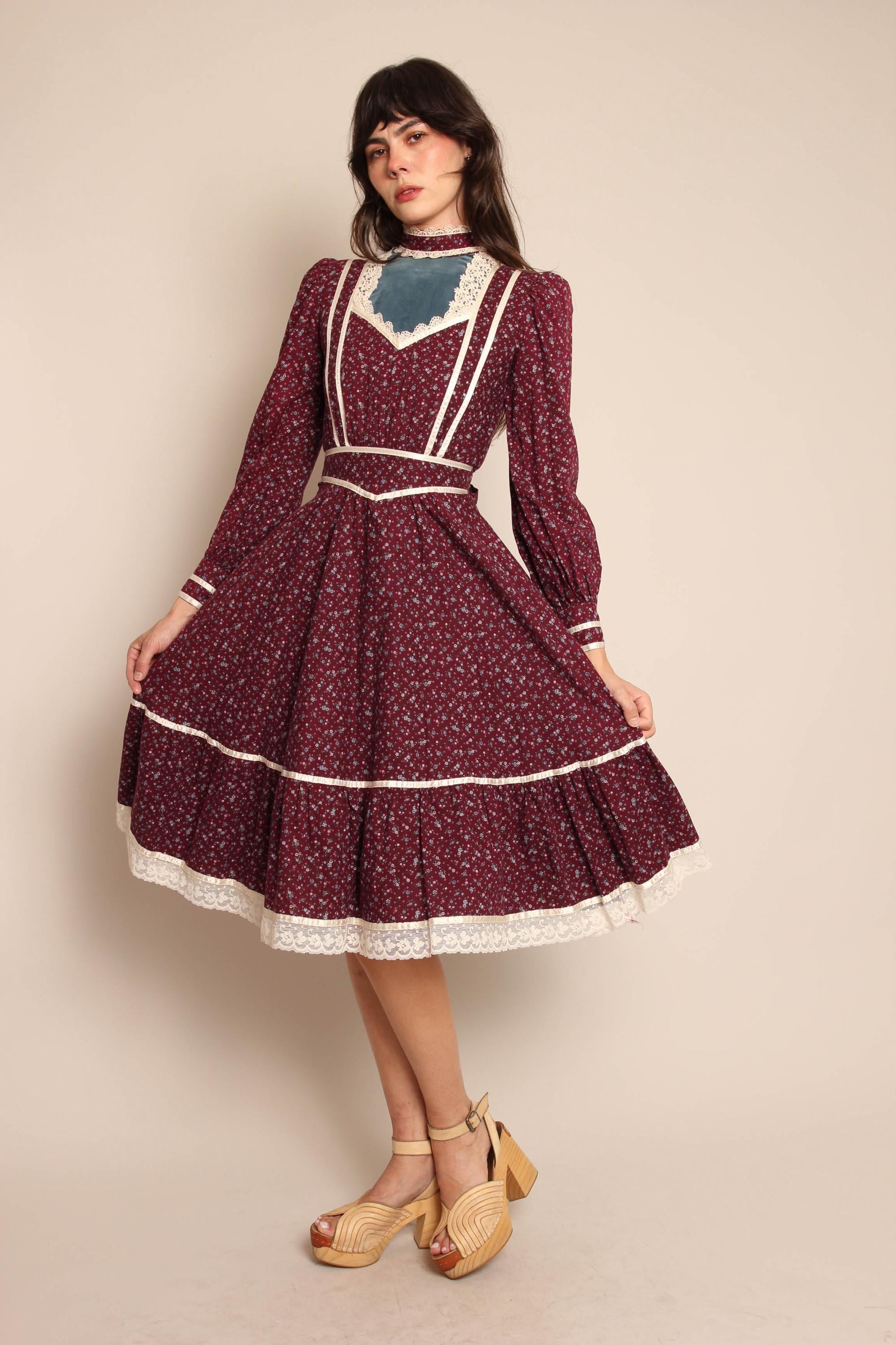 70s Gunne Sax Maroon Midi Dress: Calico Victorian Gown, Size XS 5
