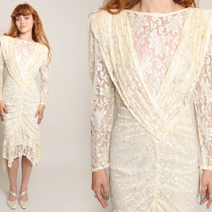 80s RUCHED LACE dress XS S / A La Carte cream lace dress hanky hem dress sheer floral lace dress wedding dress small extra small 1980s
