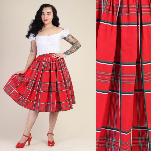 vintage 50s RED PLAID high waist cotton skirt XS / pleaded midi length holiday pinup rockabilly / 1950s / extra small