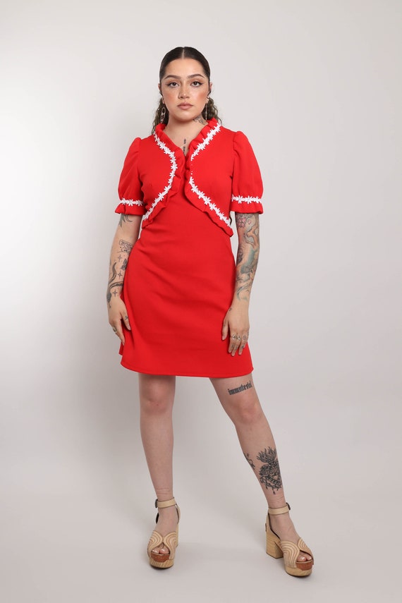 70s RED BABYDOLL dress S M / puff sleeve mod mini… - image 4