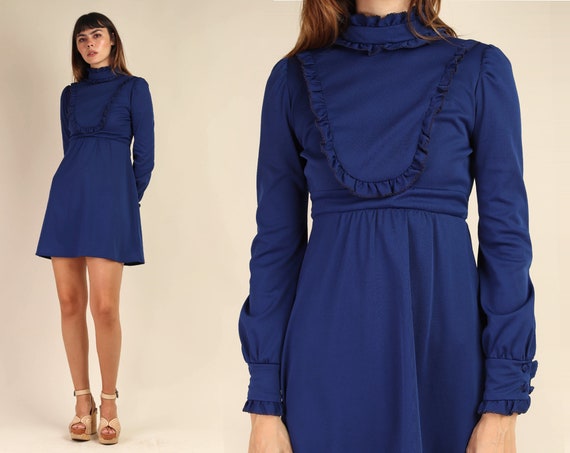 70s BLUE + RUFFLE BIB dress S / victorian mini dre