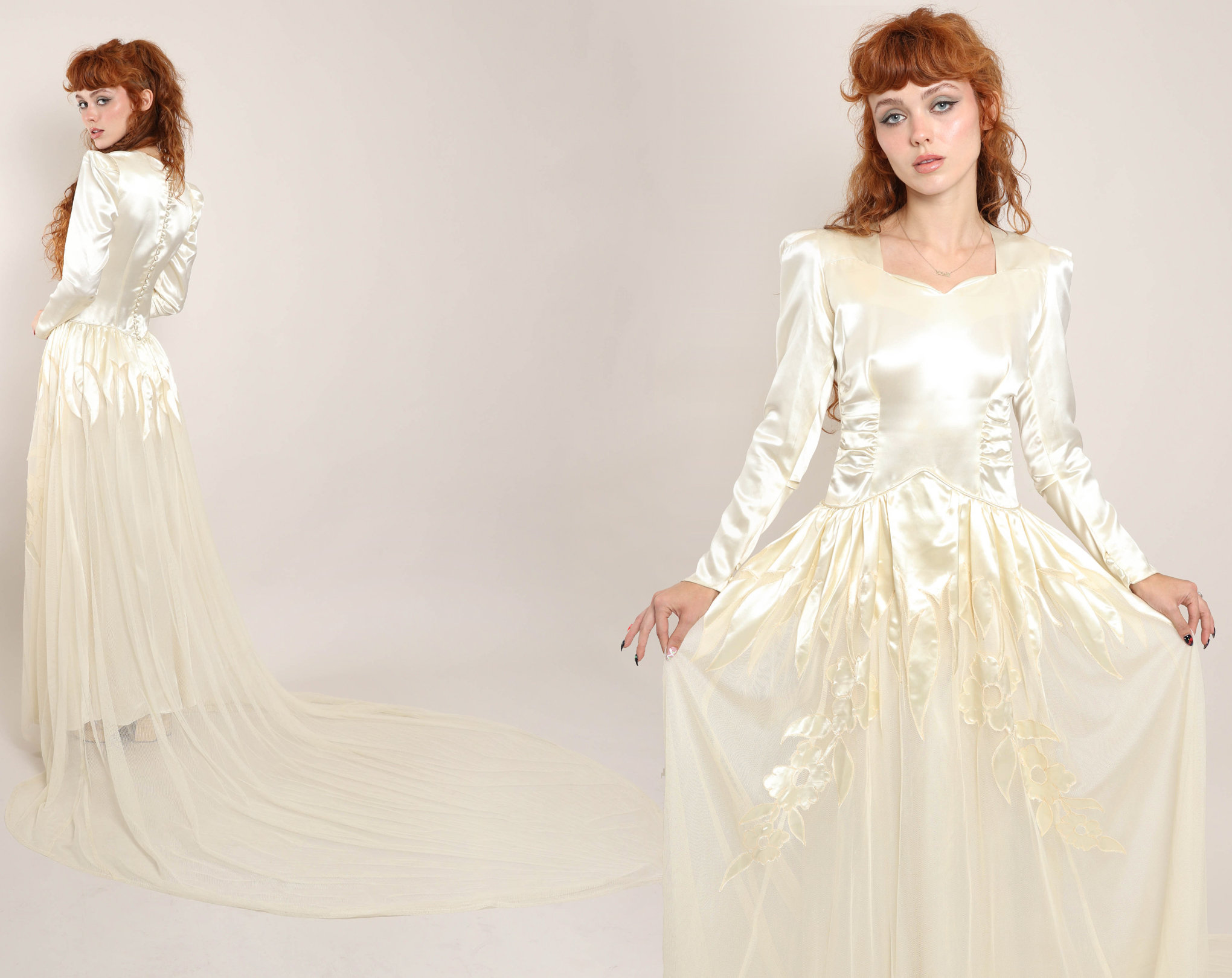 40s SATIN APPLIQUE wedding dress with train XS / satin wedding dress with mesh tulle train floral applique wedding dress extra small 1940s
