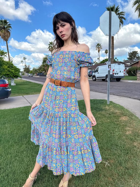 70s Floral Peasant Dress: Blue Patchwork Maxi Dre… - image 4