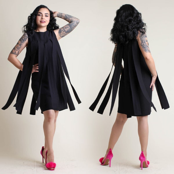 vintage 60s CAR WASH FRINGE crepe mod dress / black shift cocktail party mini dress tassel flapper
