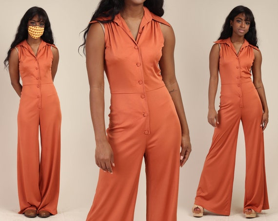 70s BURNT SIENNA jumpsuit XS S / wide leg bell bot
