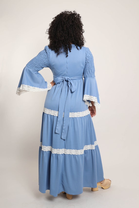 70s SMOCKED BELL SLEEVE dress M / blue bell sleev… - image 8