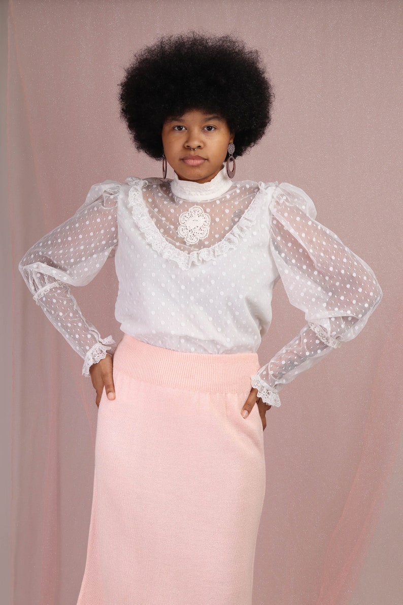 80s CAMEO VICTORIAN blouse M L Juliet sleeve sheer lace top victorian lace bib shirt white lace romantic prairie blouse medium large 1980s