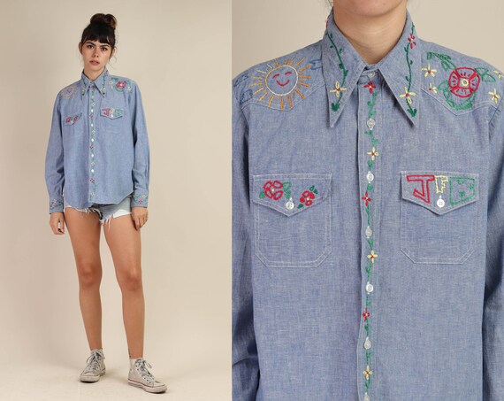 70s CHAMBRAY + EMBROIDERED shirt / button down den